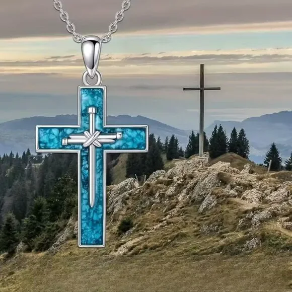 2"h x 1"w Women's Chic Boho Turquoise Cross Pendant Necklace - Picture 2 of 3